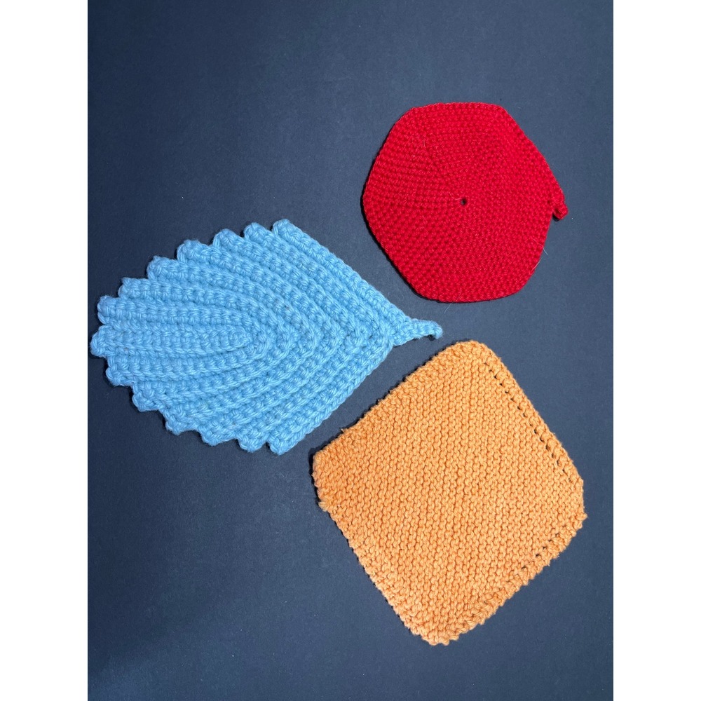 Handmade Crochet Knit Potholder Trivet Set Blue Leaf Red Hexagon Peach Square